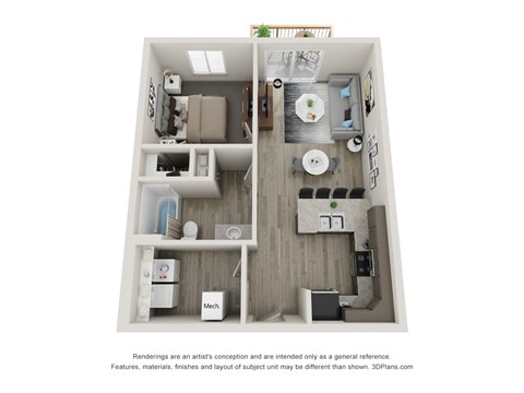 Floor plan for 1 bed, 1 bath, 683 sqft